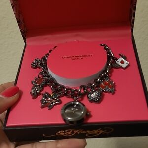 Ed Hardy Gunmetal Charm Bracelet Watch